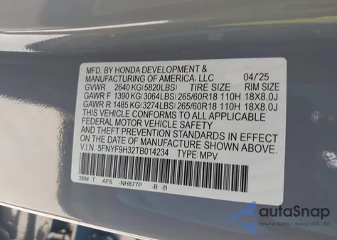 2026 Honda Passport Awd Rtl/Awd Rtl Blackout/Awd Rtl Towing z USA, uszkodzony, nr VIN 5FNYF9H32TB014234